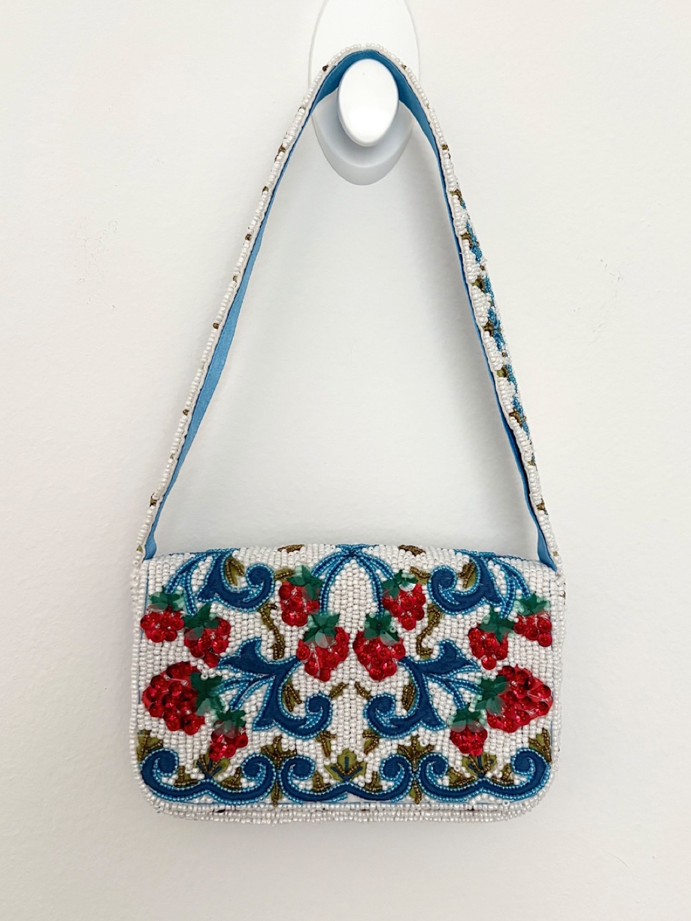 Beaded Floral Strawberry Shoulder Bag - Red, White, & Blue Purse